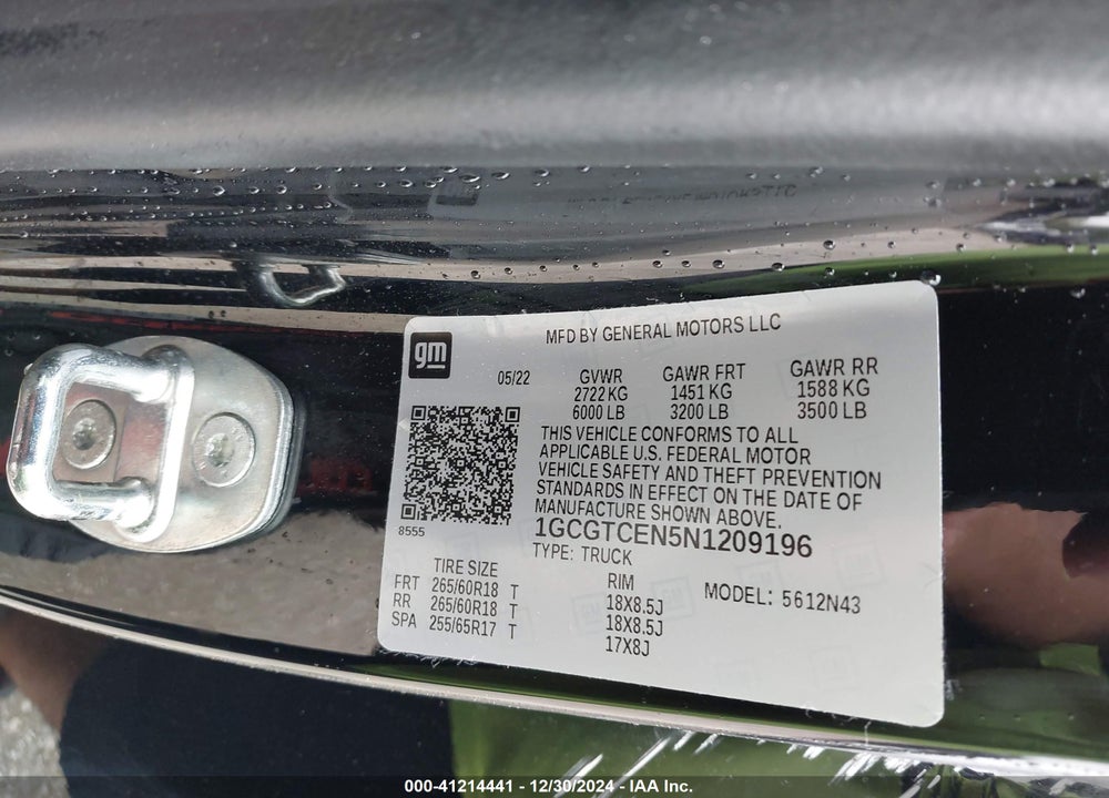 2022 CHEVROLET COLORADO VIN: 1GCGTCEN5N1209196
