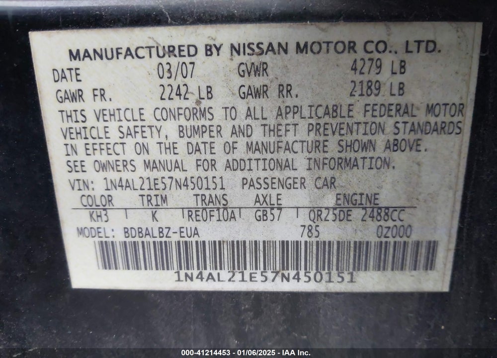 2007 NISSAN ALTIMA 2.5 S VIN: 1N4AL21E57N450151
