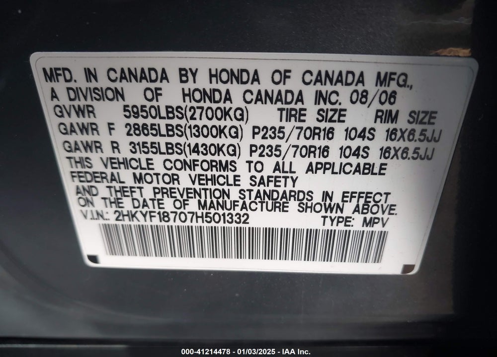 2007 HONDA PILOT EX-L VIN: 2HKYF18707H501332