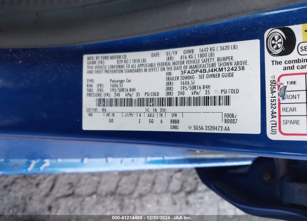 2019 FORD FIESTA SE VIN: 3FADP4BJ4KM124238