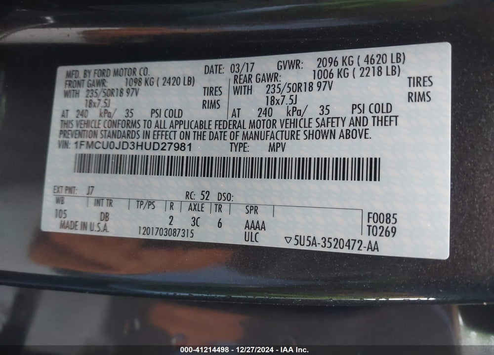 2017 FORD ESCAPE TITANIUM VIN: 1FMCU0JD3HUD27981
