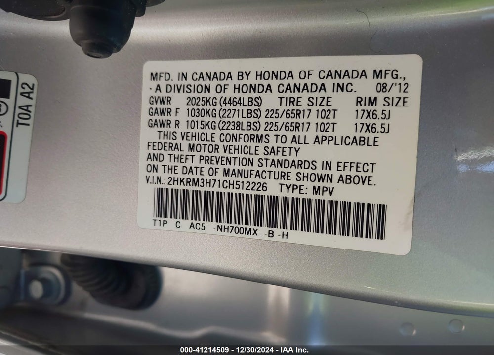 2012 HONDA CR-V EX-L VIN: 2HKRM3H71CH512226