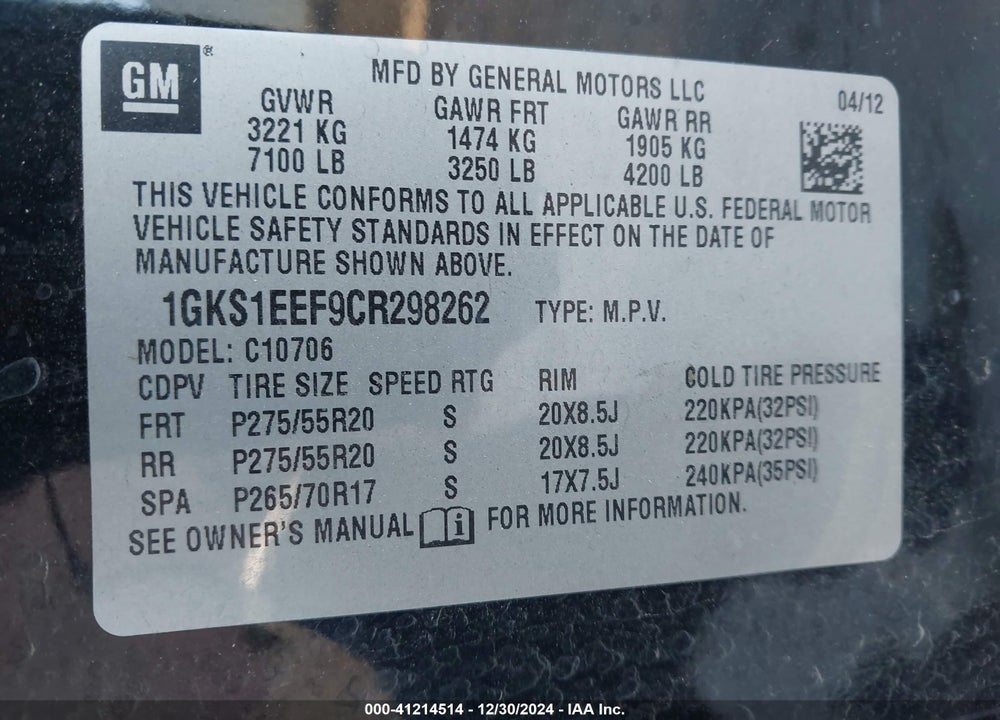2012 GMC YUKON DENALI VIN: 1GKS1EEF9CR298262