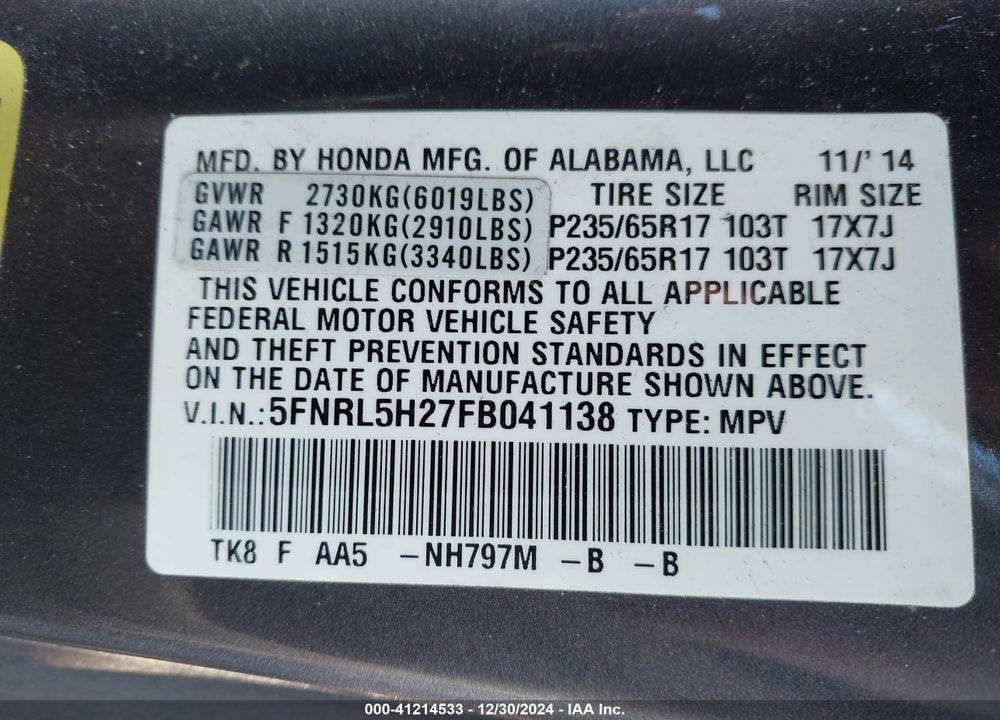 2015 HONDA ODYSSEY LX VIN: 5FNRL5H27FB041138