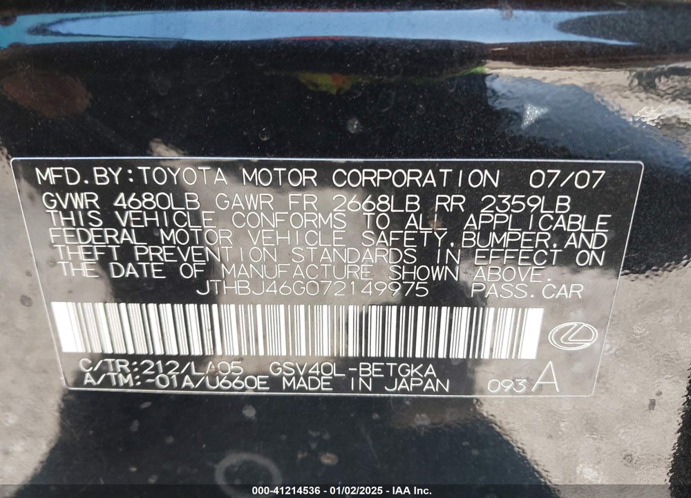2007 LEXUS ES 350 VIN: JTHBJ46G072149975