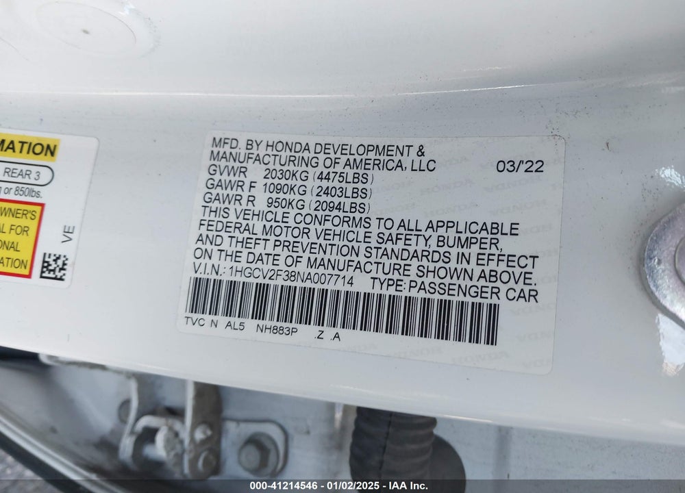 2022 HONDA ACCORD SPORT 2.0T VIN: 1HGCV2F38NA007714
