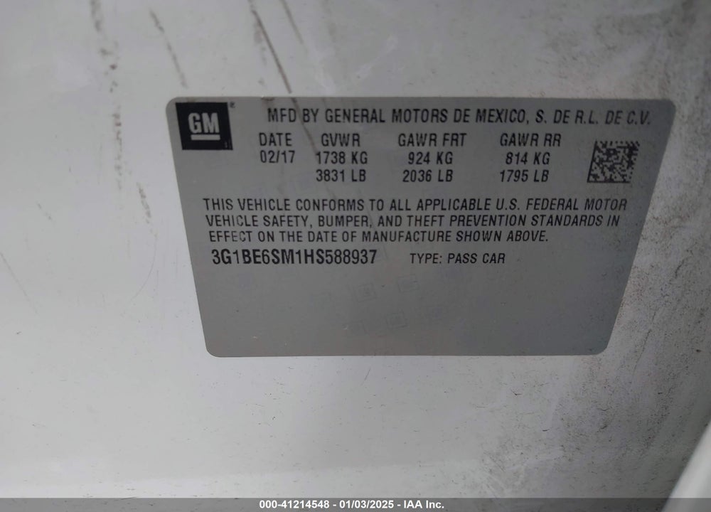 2017 CHEVROLET CRUZE VIN: 3G1BE6SM1HS588937