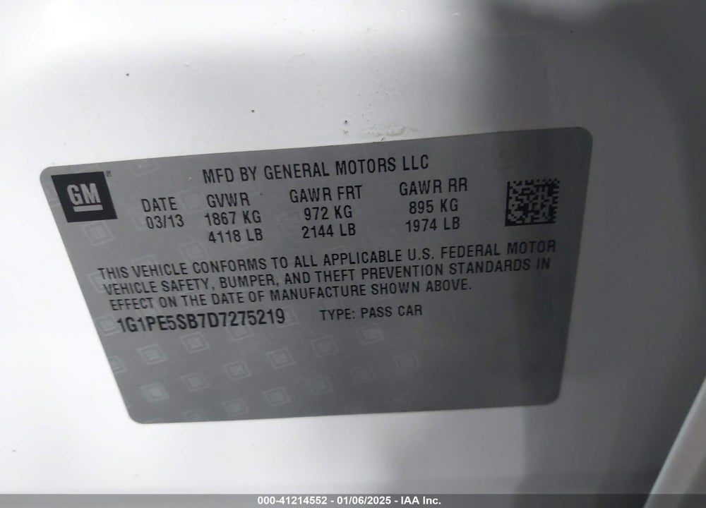 2013 CHEVROLET CRUZE 2LT AUTO VIN: 1G1PE5SB7D7275219