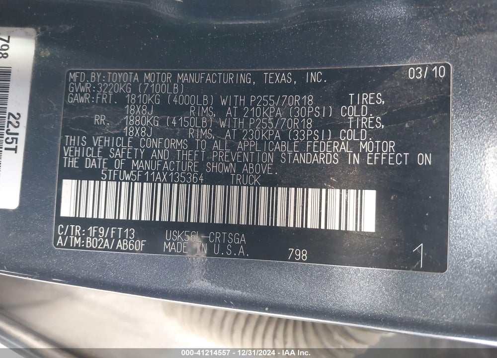 2010 TOYOTA TUNDRA VIN: 5TFUW5F11AX135364