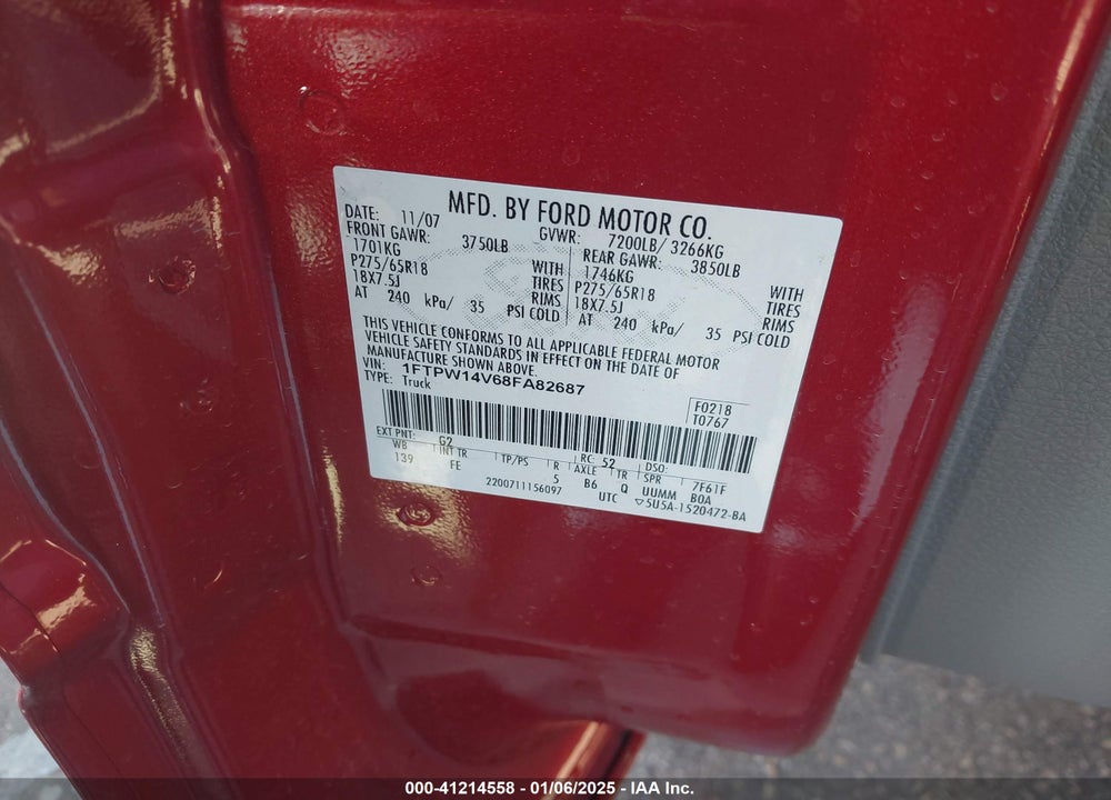 2008 FORD F-150 60TH ANNIVERSARY/FX4/KING RANCH/LARIAT/XLT VIN: 1FTPW14V68FA82687
