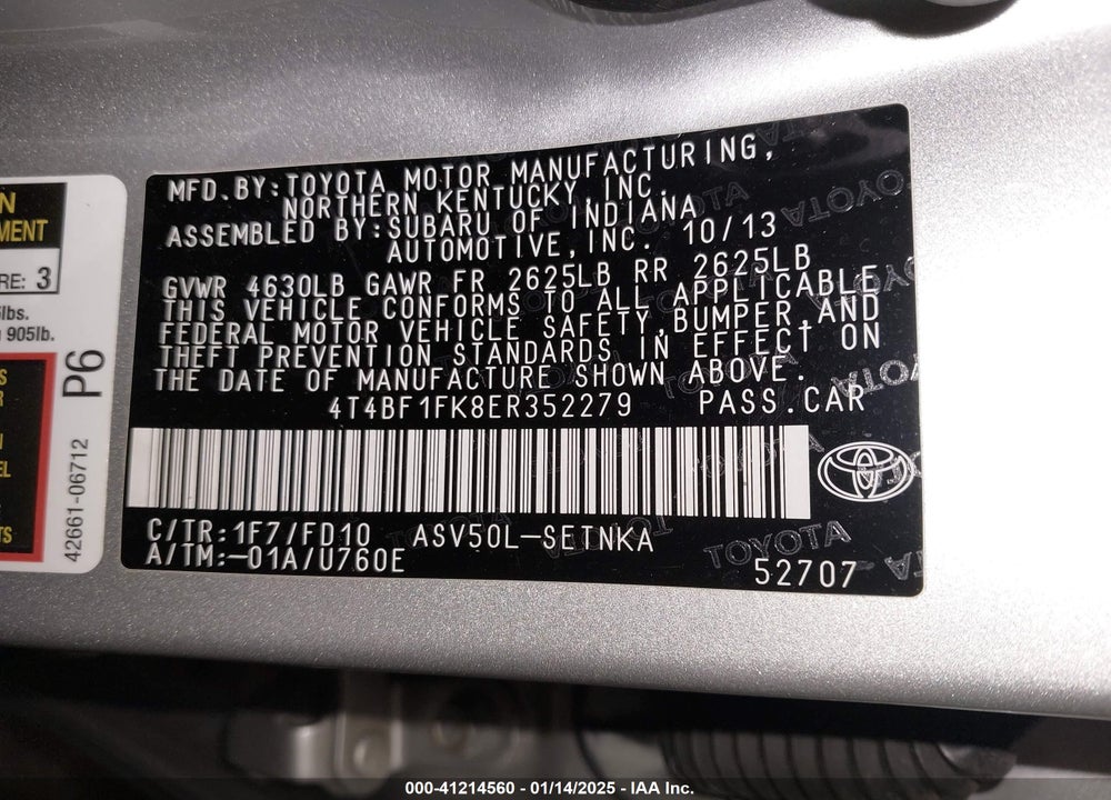 2014 TOYOTA CAMRY VIN: 4T4BF1FK8ER352279