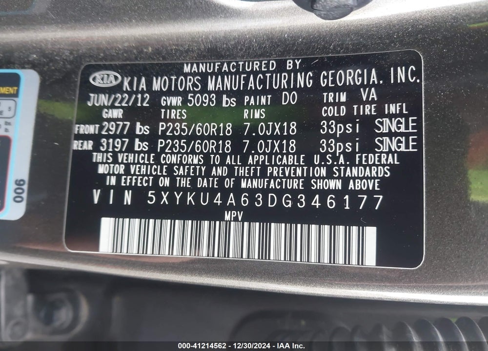 2013 KIA SORENTO EX VIN: 5XYKU4A63DG346177