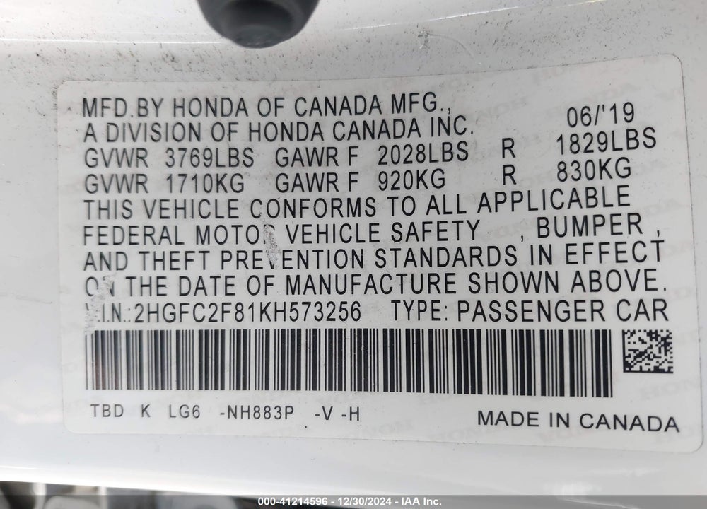 2019 HONDA CIVIC VIN: 2HGFC2F81KH573256
