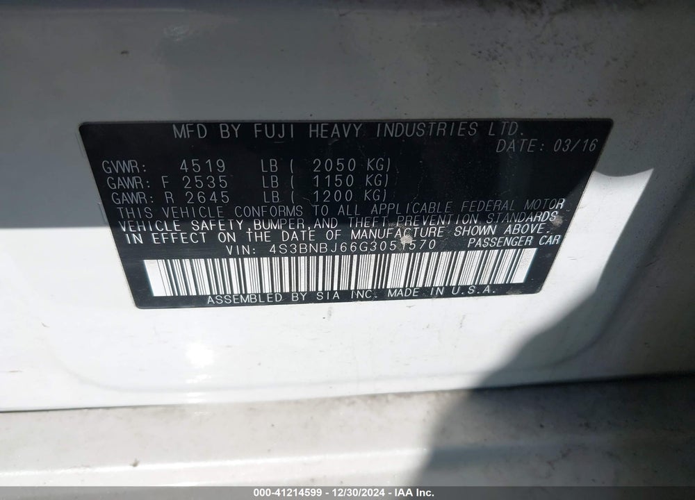 2016 SUBARU LEGACY 2.5I LIMITED VIN: 4S3BNBJ66G3051570
