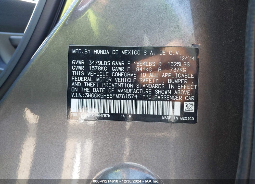2015 HONDA FIT EX/EX-L VIN: 3HGGK5H86FM761574