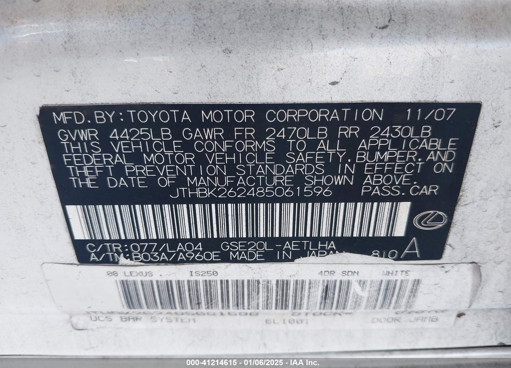 2008 LEXUS IS 250 VIN: JTHBK262485061596
