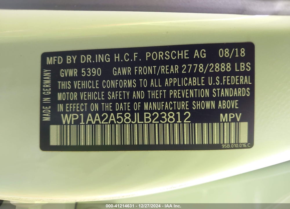 2018 PORSCHE MACAN VIN: WP1AA2A58JLB23812