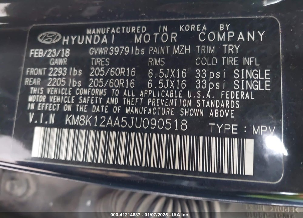2018 HYUNDAI KONA SE VIN: KM8K12AA5JU090518