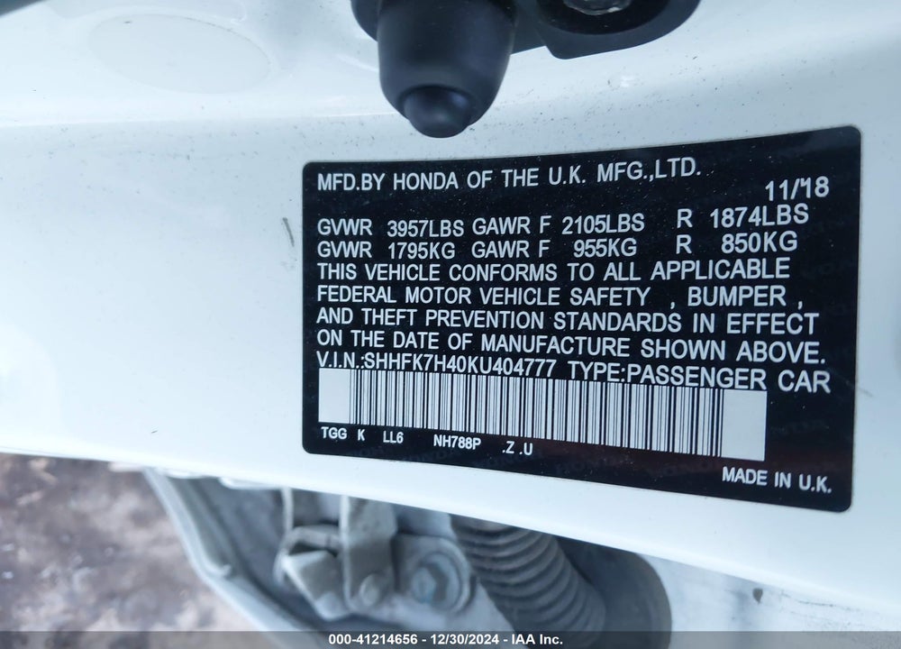 2019 HONDA CIVIC VIN: SHHFK7H40KU404777