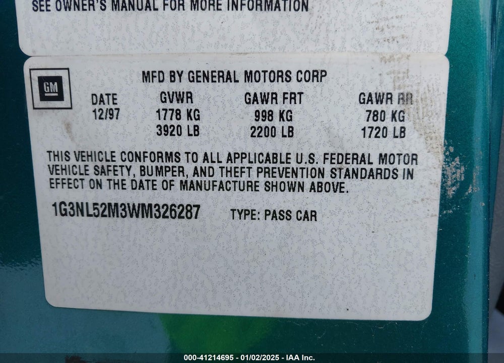 1998 OLDSMOBILE ACHIEVA SL VIN: 1G3NL52M3WM326287
