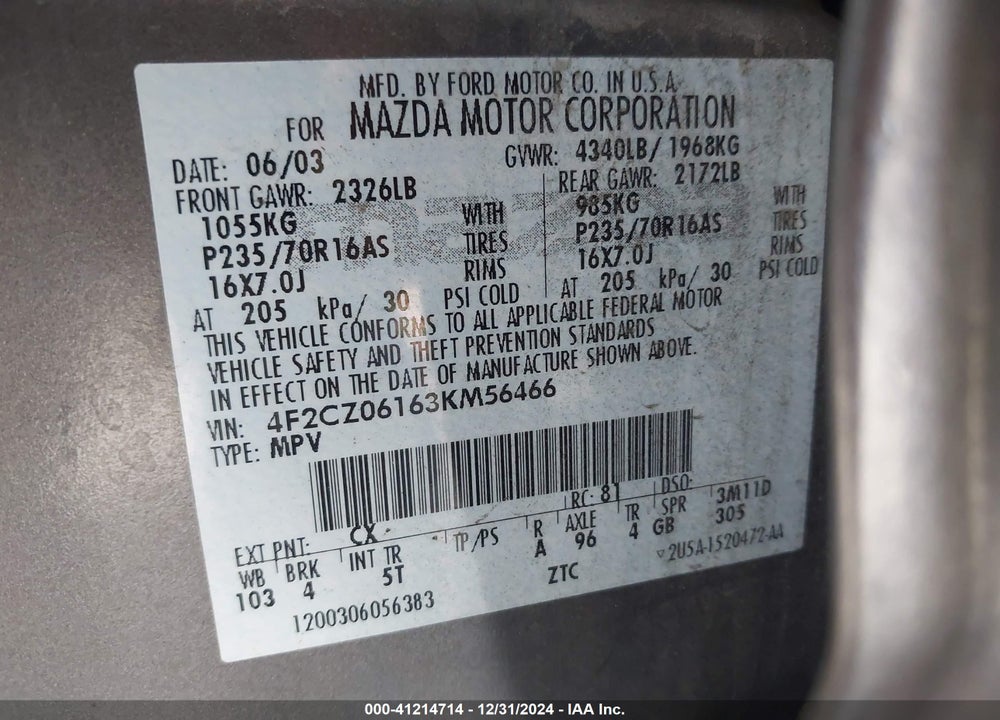 2003 MAZDA TRIBUTE ES V6 VIN: 4F2CZ06163KM56466
