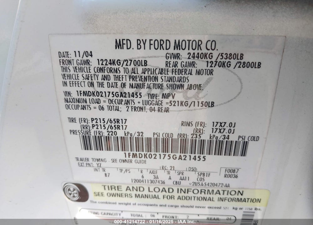 2005 FORD FREESTYLE SEL VIN: 1FMDK02175GA21455