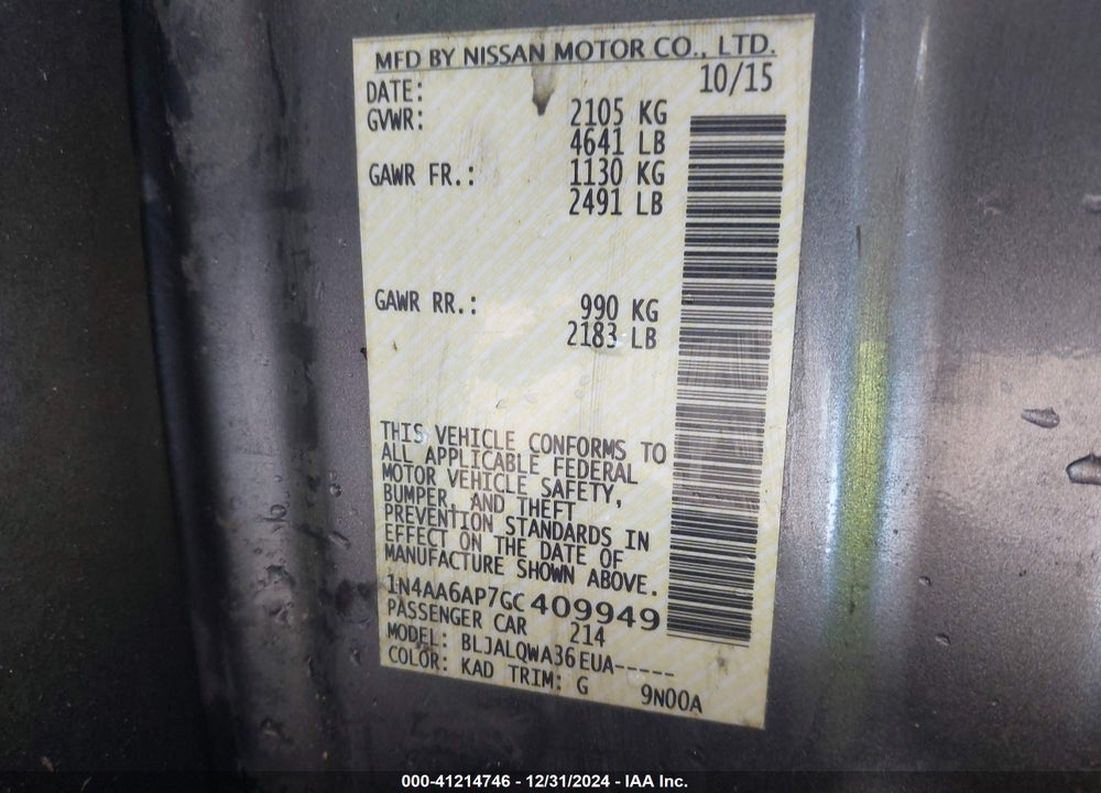 2016 NISSAN MAXIMA VIN: 1N4AA6AP7GC409949