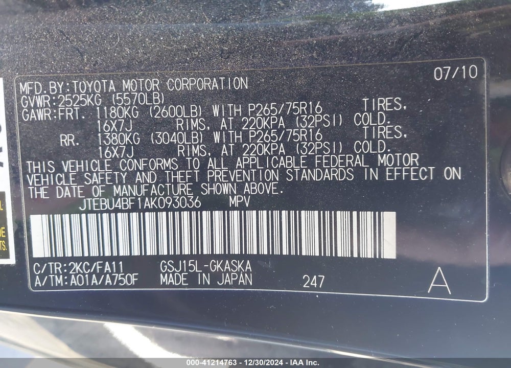 2010 TOYOTA FJ CRUISER VIN: JTEBU4BF1AK093036