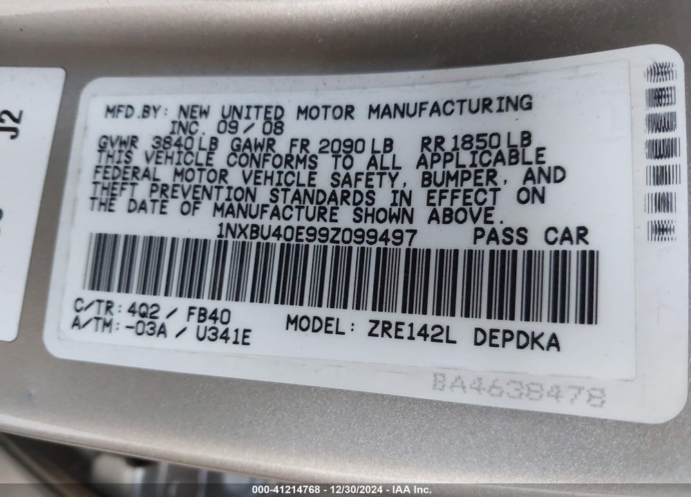 2009 TOYOTA COROLLA LE VIN: 1NXBU40E99Z099497