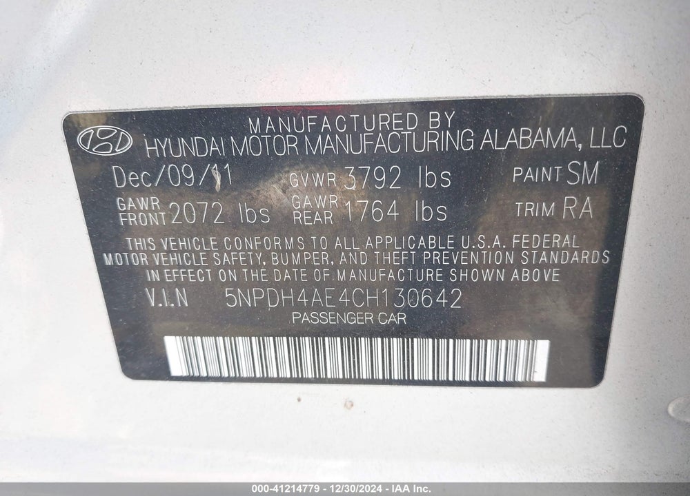 2012 HYUNDAI ELANTRA GLS VIN: 5NPDH4AE4CH130642