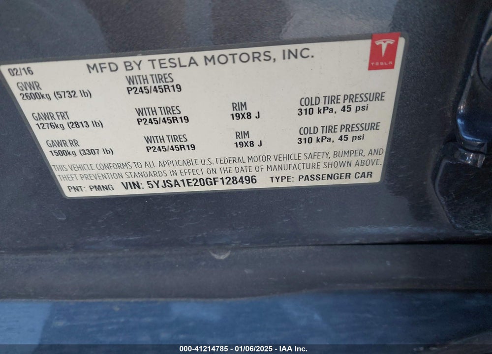 2016 TESLA MODEL S VIN: 5YJSA1E20GF128496