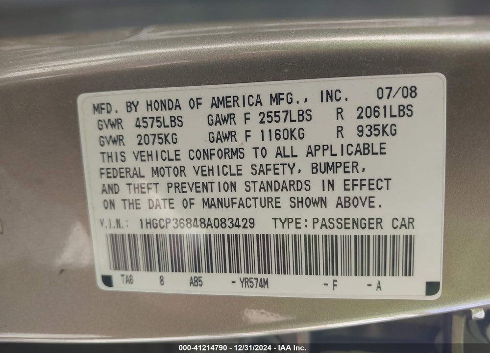 2008 HONDA ACCORD VIN: 1HGCP36848A083429