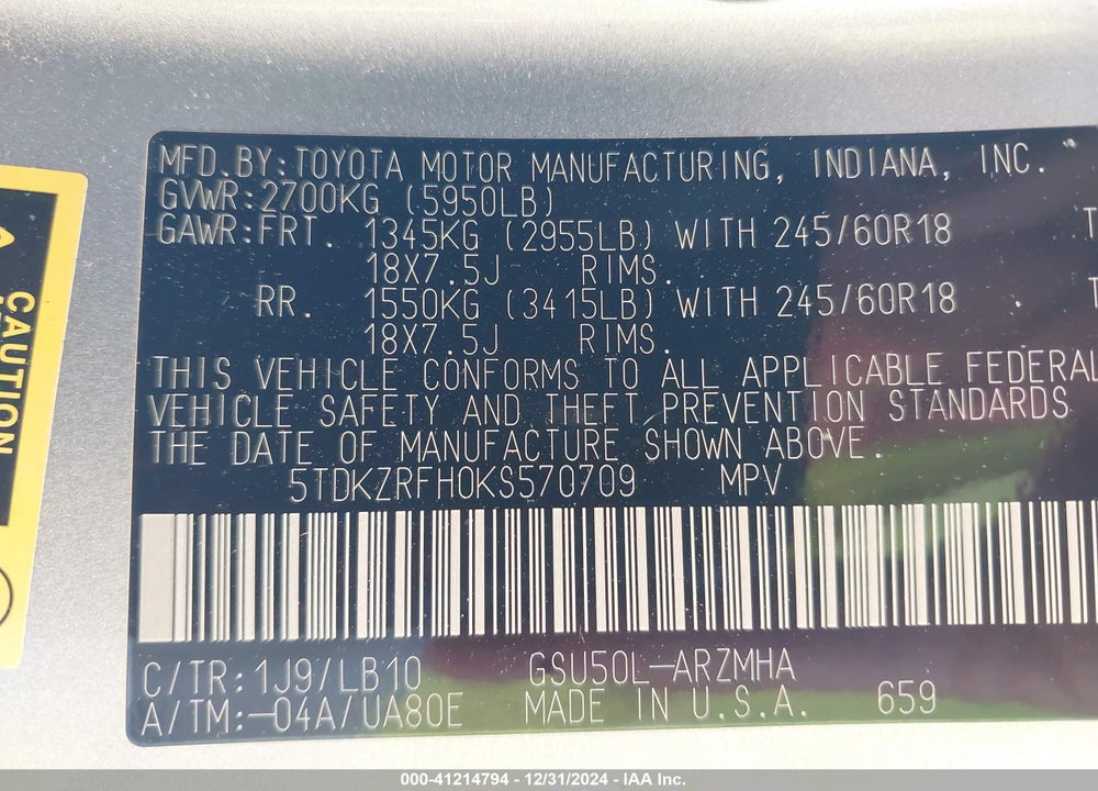 2019 TOYOTA HIGHLANDER XLE VIN: 5TDKZRFH0KS570709