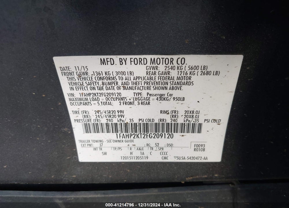 2015 FORD TAURUS SHO VIN: 1FAHP2KT2FG209120