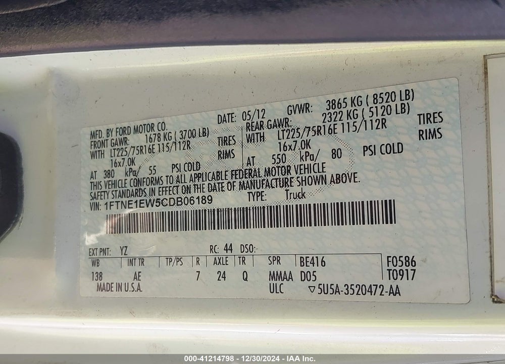 2012 FORD E-150 COMMERCIAL VIN: 1FTNE1EW5CDB06189