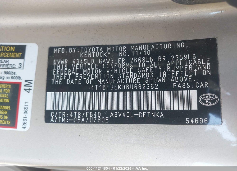 2011 TOYOTA CAMRY VIN: 4T1BF3EK8BU682362