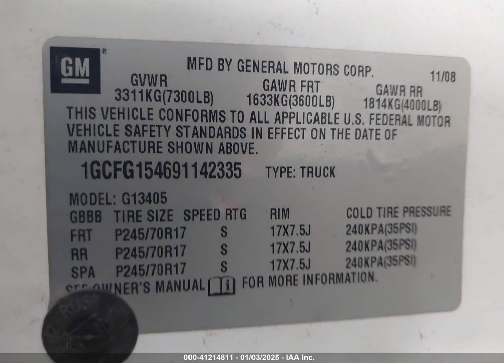 2009 CHEVROLET EXPRESS 1500 WORK VAN VIN: 1GCFG154691142335