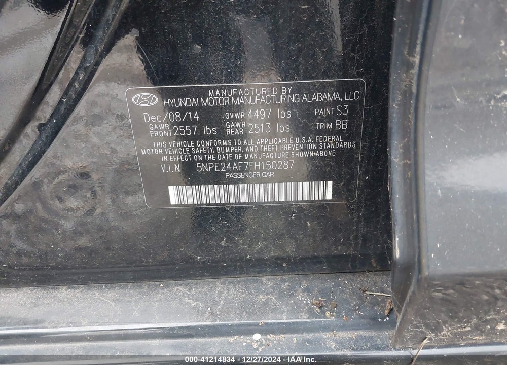 2015 HYUNDAI SONATA SE VIN: 5NPE24AF7FH150287