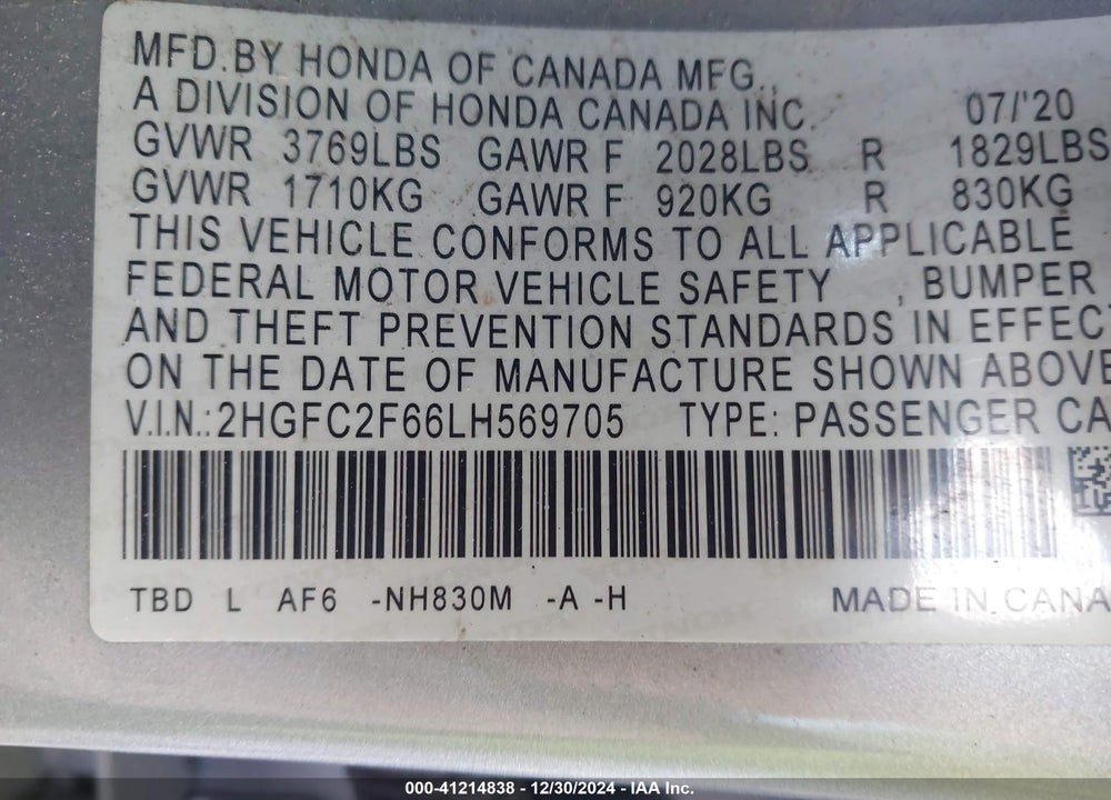 2020 HONDA CIVIC VIN: 2HGFC2F66LH569705