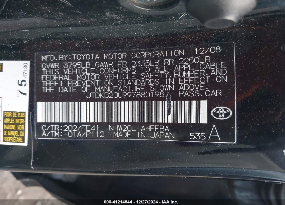 2009 TOYOTA PRIUS VIN: JTDKB20U997880198