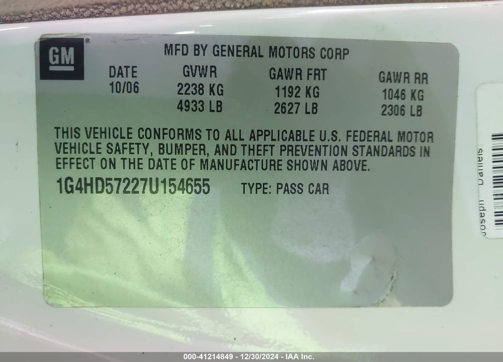 2007 BUICK LUCERNE CXL VIN: 1G4HD57227U154655