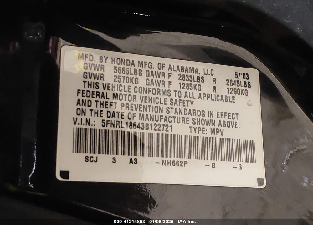 2003 HONDA ODYSSEY EX VIN: 5FNRL18643B122721