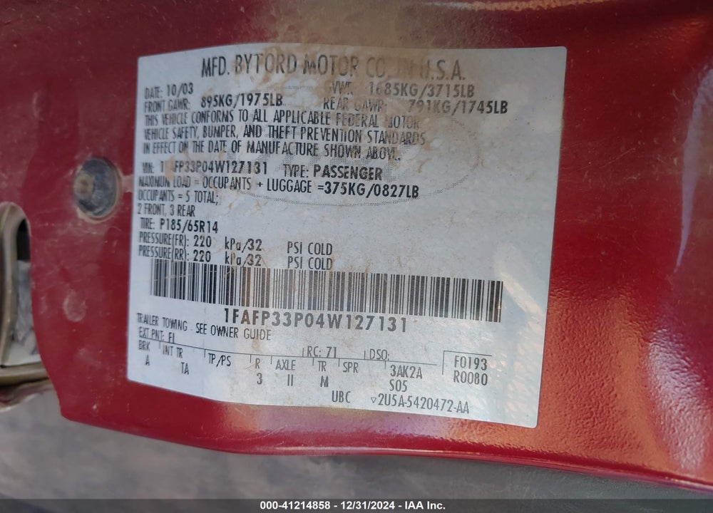 2004 FORD FOCUS LX VIN: 1FAFP33P04W127131