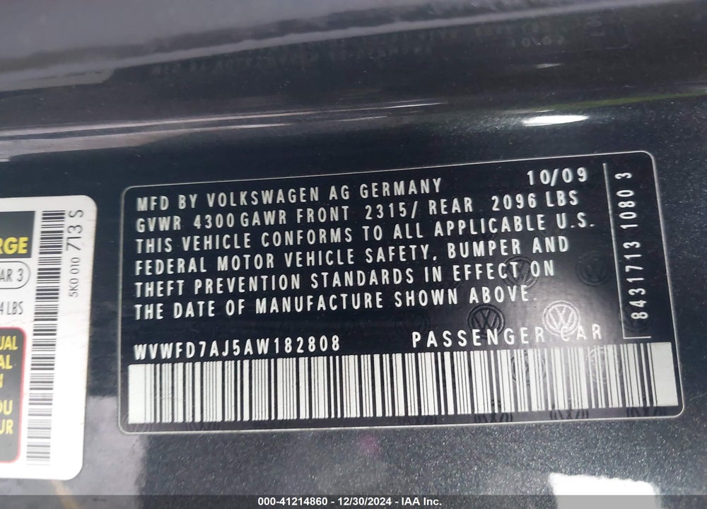 2010 VOLKSWAGEN GTI VIN: WVWFD7AJ5AW182808