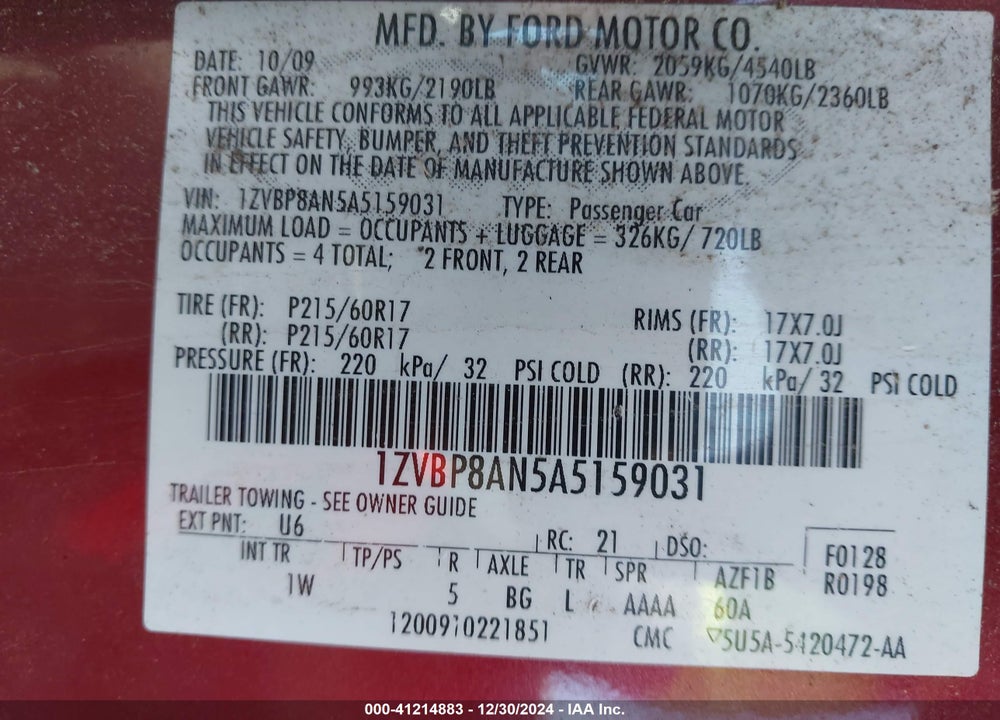 2010 FORD MUSTANG V6 VIN: 1ZVBP8AN5A5159031