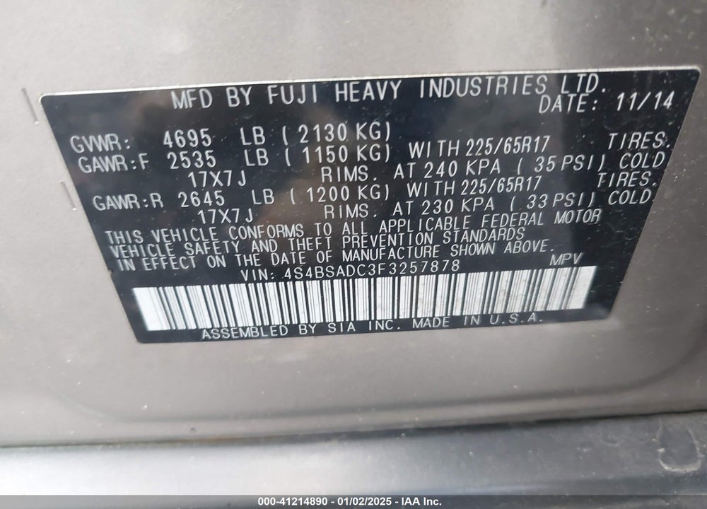 2015 SUBARU OUTBACK 2.5I PREMIUM VIN: 4S4BSADC3F3257878