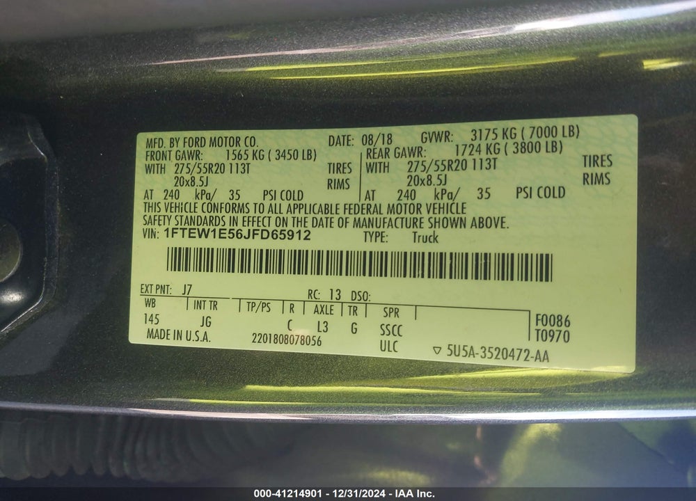 2018 FORD F150 VIN: 1FTEW1E56JFD65912