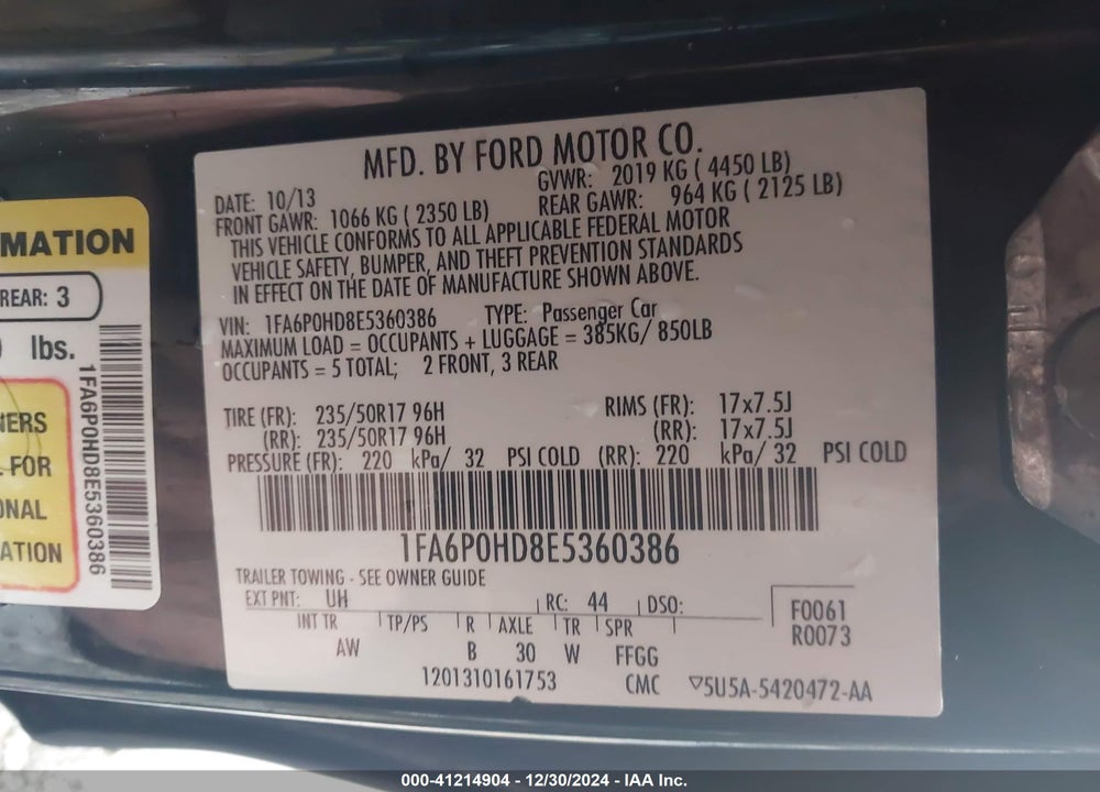 2014 FORD FUSION SE VIN: 1FA6P0HD8E5360386