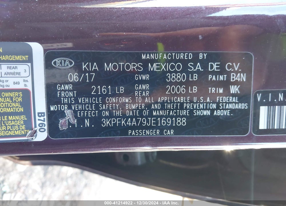 2018 KIA FORTE LX VIN: 3KPFK4A79JE169188