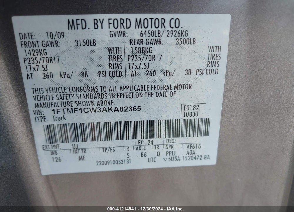 2010 FORD F-150 STX/XL/XLT VIN: 1FTMF1CW3AKA82365